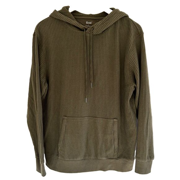 Feat Waffle Weave Hoodie Size Large Olive Green Pullover Kangaroo Pocket Knit - Picture 1 of 8